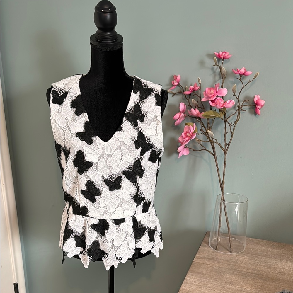 WHBM Black & White Peplum Shell